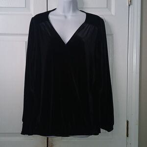 Wonderly Plus Sz Black Velour Shirred Sleeve Wrap Top Blouse Stretch Sz L